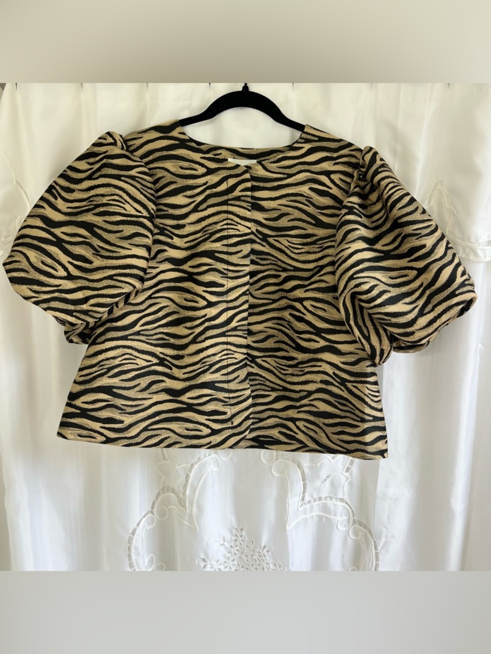 H&M Zebra Jacquard Puff Sleeve Jacket Gold Black Cropped Blazer Size L - Picture 4 of 12